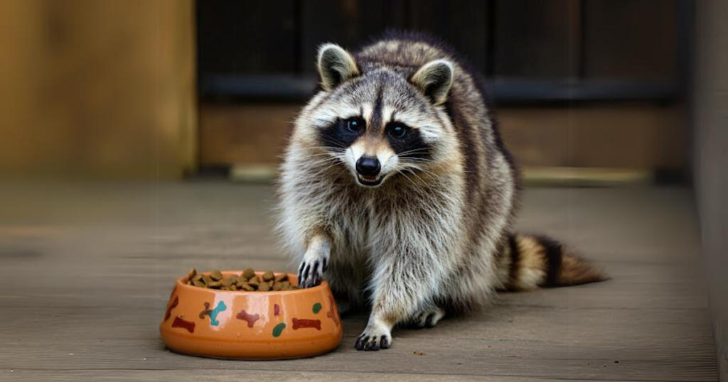 犬の餌（ドッグフード）を盗むアライグマ、罠用の餌