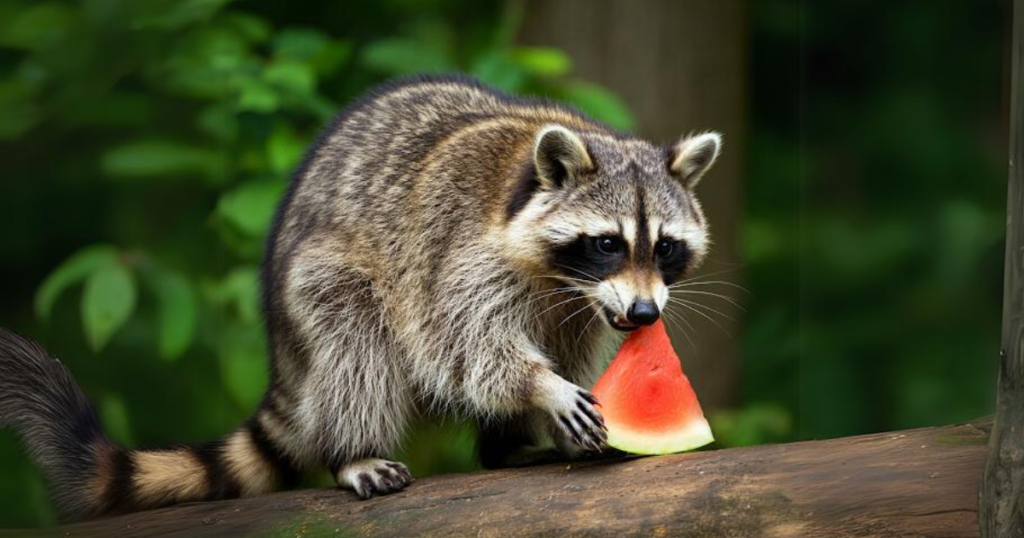 甘い果物【スイカ】を食べるアライグマ、罠用の餌